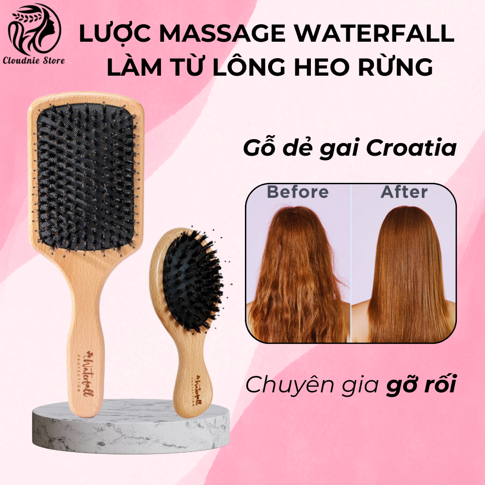 Lược massage nhà Waterfall từ lông heo rừng & gỗ dẻ gai Croatia bảo vệ biểu bì tóc - Cloudnie Store