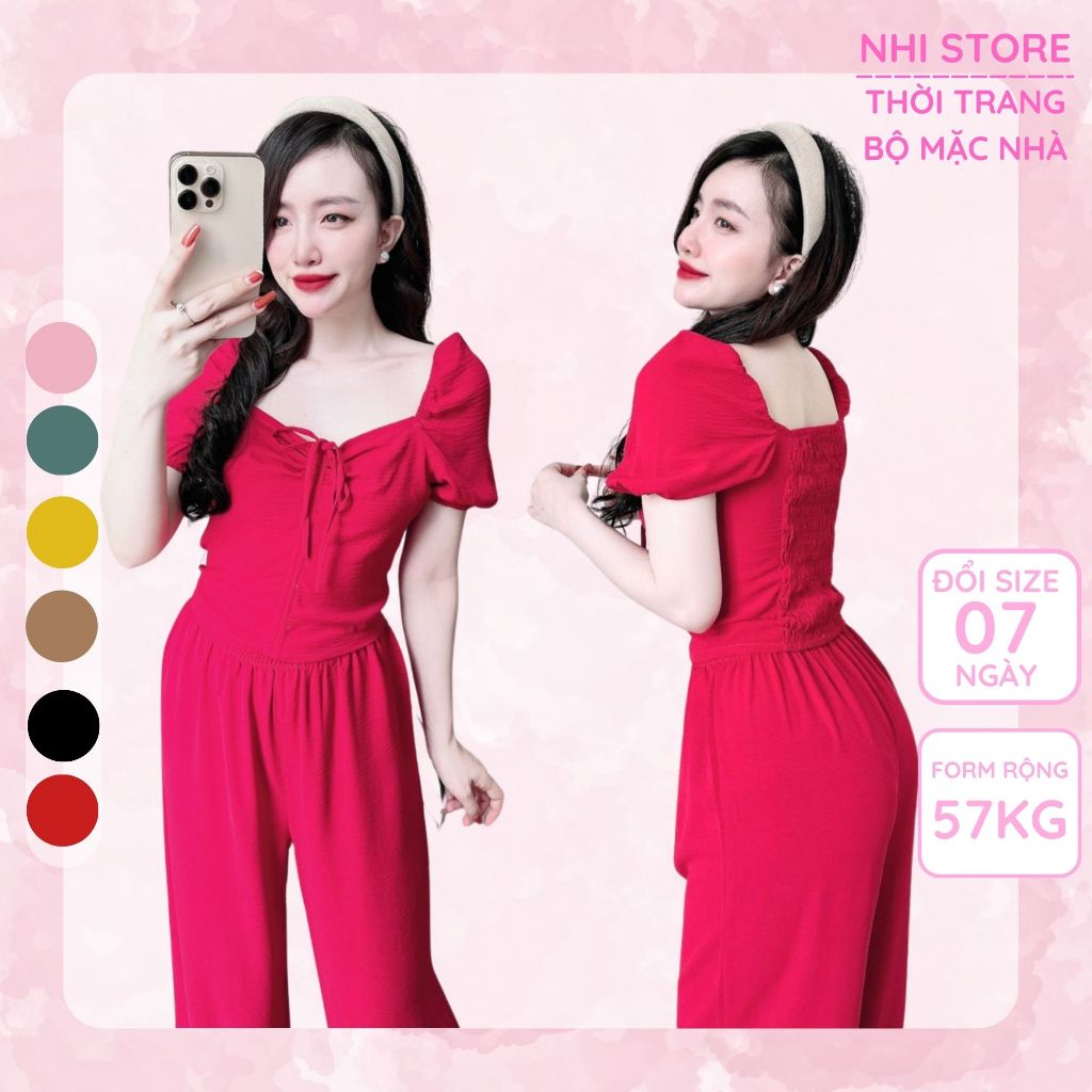 Set Bộ Kiểu Nữ NHISTORE Quần Dài Ống Rộng Áo Croptop Cổ Vuông tay Phồng Rút Dây Freesize Dưới 57Kg