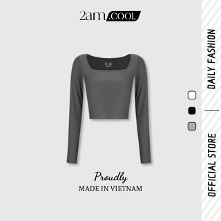 Áo croptop tay dài nữ cổ vuông chất liệu cotton co giãn 4 chiều 2am