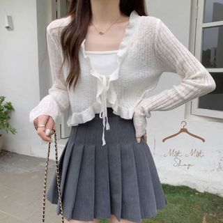 Áo khoác len mỏng dáng nhẹ nhàng, áo cadigan thoáng khí dệt kim dáng lỡ cổ v from ôm phối thân bèo cột nơ dễ phối đồ