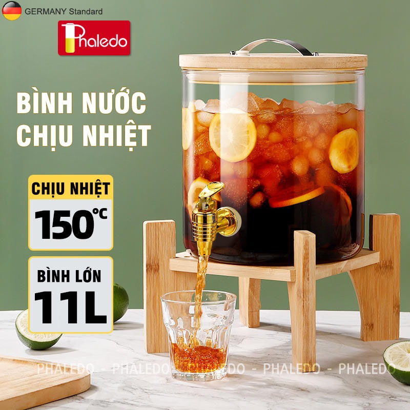 Bình Nước Thuỷ Tinh Borosilicate Cao Cấp Chịu Nhiệt Tốt Cho Nhà Hàng, Quán Ăn, Tiệc Tùng, Chân Đế Gỗ Tre - PHALEDO