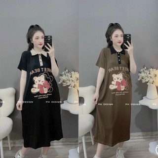 Đầm bầu cổ sơ mi gấu nơ coton váy bầu váy xuông bầu váy đi tiệc