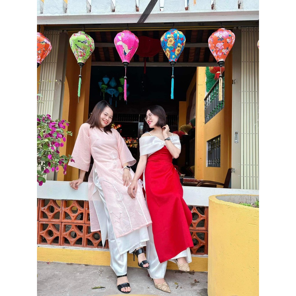 Áo Dài Nữ, Áo Dài Cách Tân 2 Dây Trễ Vai kết Nơ Trước Ngực Cho Các Nàng Công Chúa ,Tiểu Thư