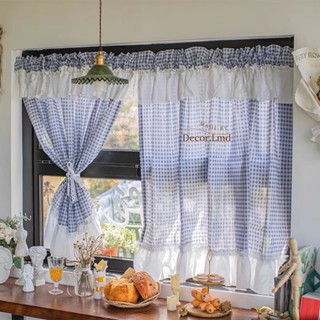 Rèm cửa sổ vải caro xanh nhún bèo voan xinh xắn decor trang trí phòng ngủ, màn cửa sổ lớn chống nắng dán tường