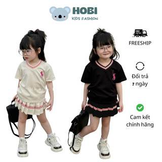 Set bộ áo cộc tay cổ tim kèm chân váy xếp ly phối kẻ hồng cho bé gái hottrend chất vải thấm hút mồ hôi HOBI KIDS