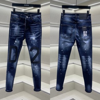Quần jean bò nam DSQ slimfit wash loang xanh bạc rách vảy sơn in chữ D2 gối 4 cúc cao cấp QJ521P