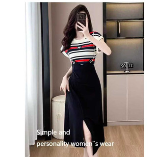 Đầm thun phối sọc viền đá xẻ tà