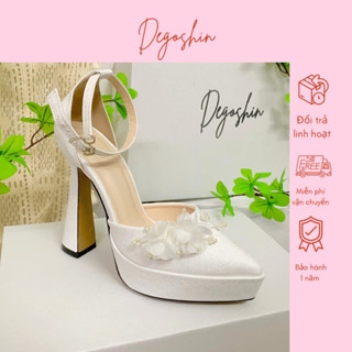 Giày cưới, giày cao gót Barbie Kim tuyến mũi nhọn gót 13cm đính hoa Tú Cầu phối châu thủ công Degoshin