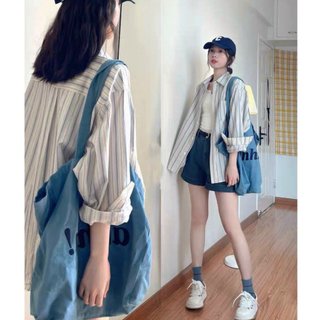 Áo sơ mi kẻ xanh form rộng kiểu dáng Hàn Quốc, Áo sơ mi nữ dài tay kẻ sọc - Molly House Store
