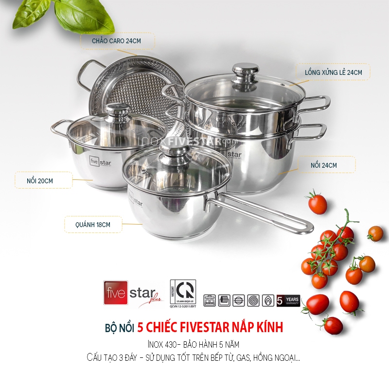 Bộ nồi inox 5 nồi 3 đáy Fivestar inox cao cấp nắp kính