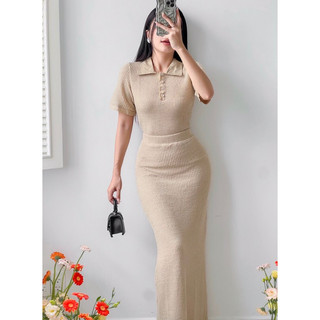 SALE, New with tag - Set thun ren áo cổ sơ mi kèm chân váy midi ôm body