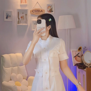[Ảnh thật] Váy Đầm Dự Tiệc Trắng Cổ Tròn Nút Ngọc Sang Trọng