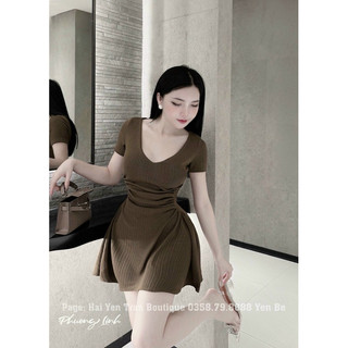 Set đầm cổ v tay ngắn dúm eo kèm quần basic