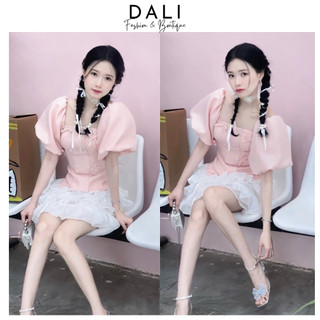 Set Váy 2 Món Gồm Áo Trễ Vai Cup Ngực Dáng PEPLUM Hồng Cúc + Chân Váy Tơ Óng Bánh Bèo
