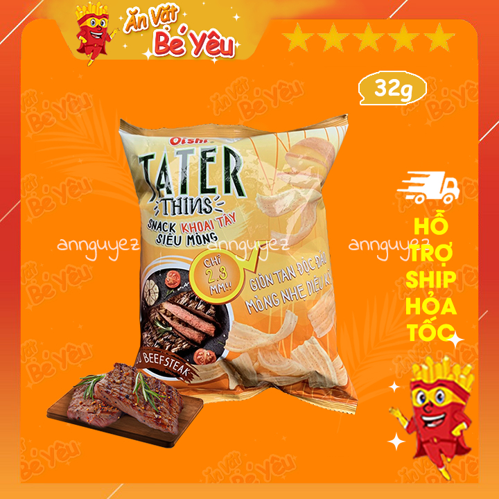 5 gói bim bim Oishi snack khoai tây siêu mỏng tater thins vị Bò Beefsteak 32g