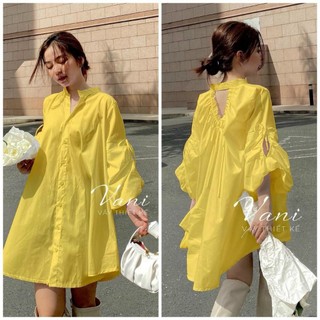  Đầm nữ thời trang mặc đi chơi chất lụa form babydol thiết kế cổ sơmi phối xẻ sau tay dài váy rộng xoè sang chảnh 