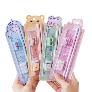 Bộ dụng cụ học tập 5 món gồm bút chì + tẩy + thước kẻ + gọt bút chì cho học sinh dễ thương - Kodomo
