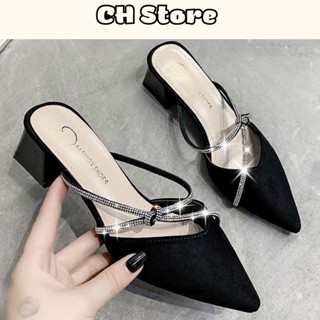 Sục nữ bít mũi, giày cao gót mũi nhọn đế vuông phối dây đá ( TĂNG 1 SIZE)- Mã C05