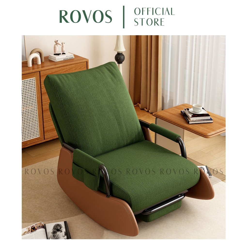Ghế Bập Bênh ROVOS Ghế Thư Giãn Gập Ngả Chiều Chế Độ, Chất Liệu Khung Sắt Mặt Nệm Sofa Bọc Vải Nhung Tăm Mềm Màu Xanh Be | BigBuy360 - bigbuy360.vn