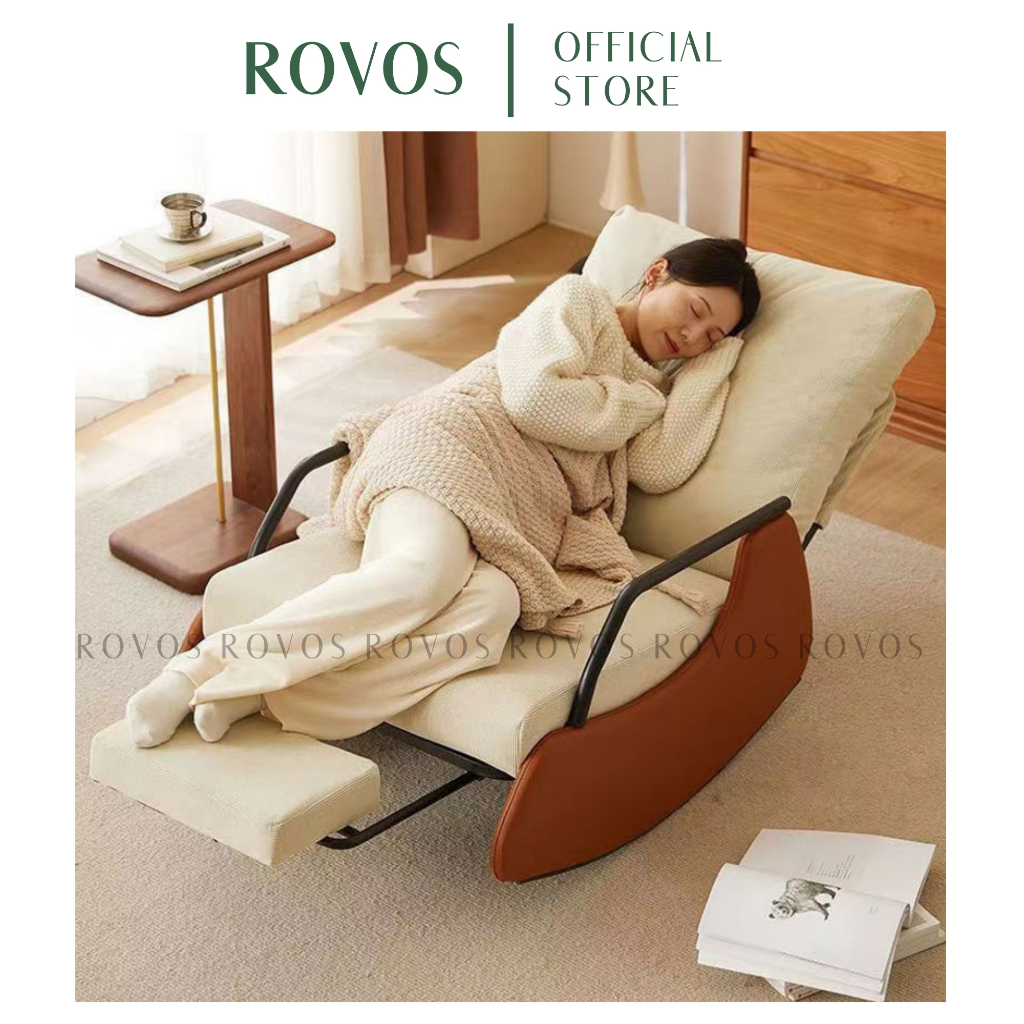 Ghế Bập Bênh ROVOS Ghế Thư Giãn Gập Ngả Chiều Chế Độ, Chất Liệu Khung Sắt Mặt Nệm Sofa Bọc Vải Nhung Tăm Mềm Màu Xanh Be | BigBuy360 - bigbuy360.vn