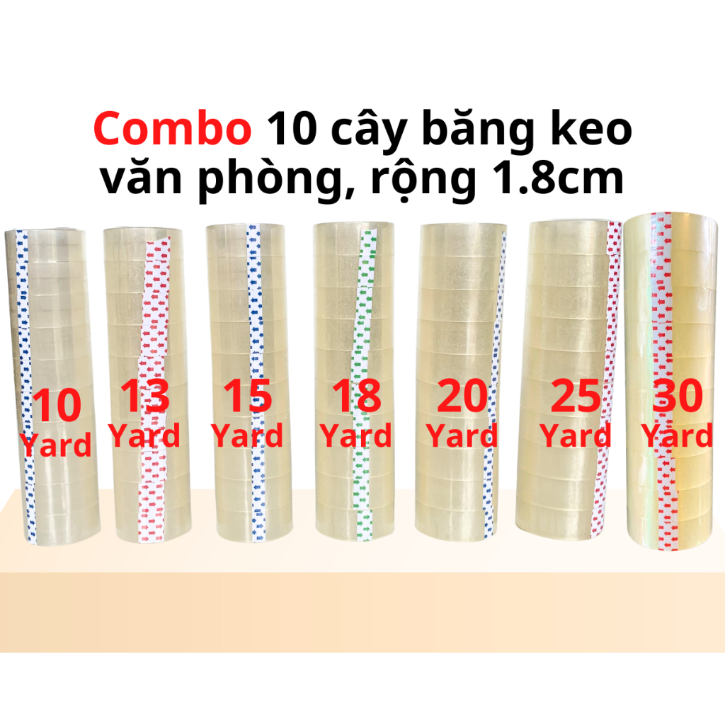 Combo 10 cây băng keo trong văn phòng loại nhỏ, 1 cây 10 cuộn rộng 1.8cm, 10yard-13yard-15yard-18yar