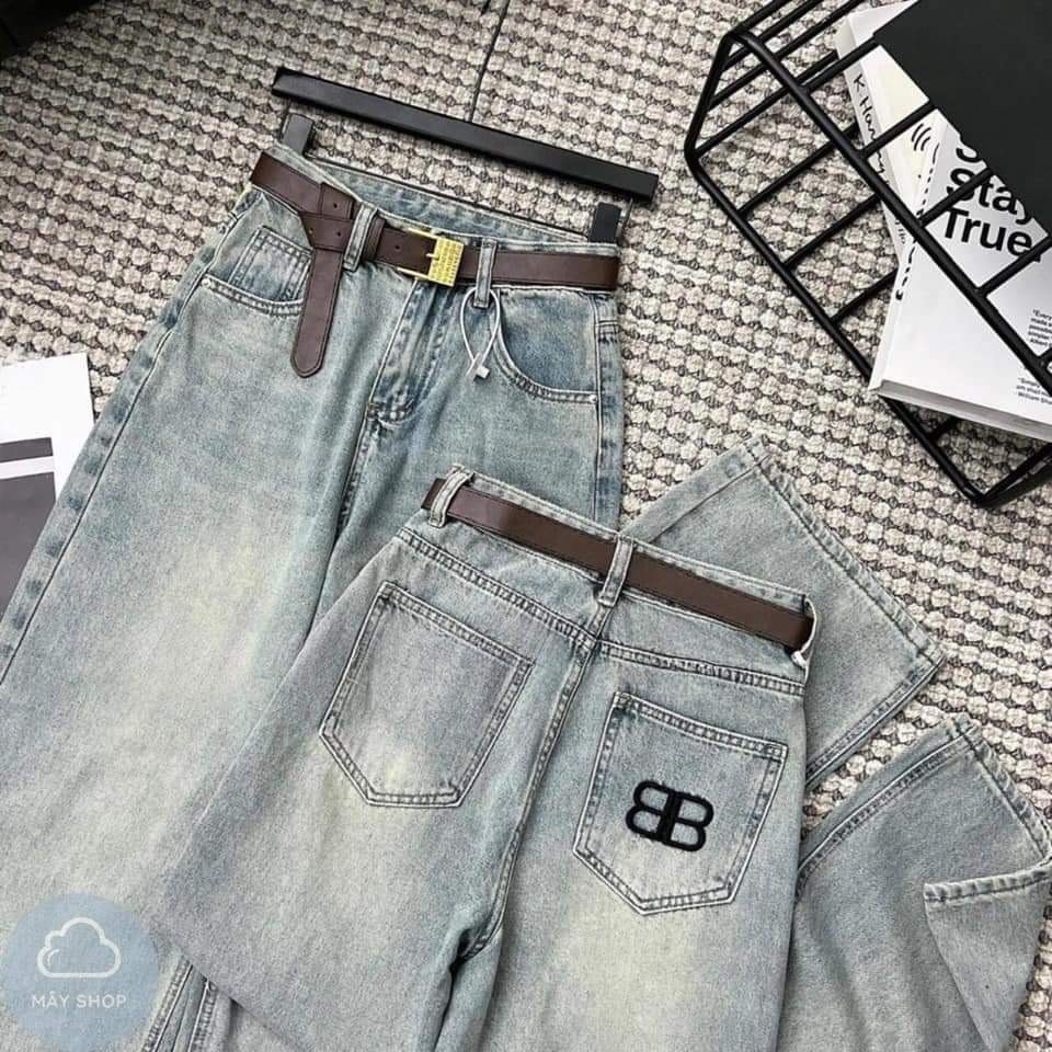 QUẦN JEANS XUÔNG ỐNG RỘNG THÊU CHỮ B CẠP CAO