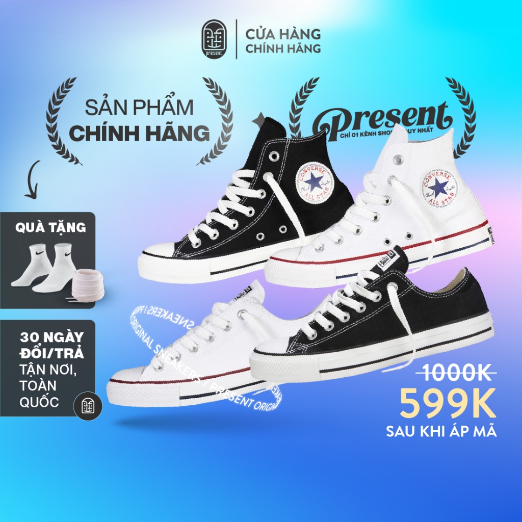 Giày Converse chính hãng bản CLASSIC, cổ cao cổ thấp, màu đen trắng cho nam nữ Present Original Sneakers