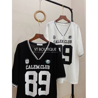 [Ảnh thật] Áo thun cotton giấy form thụng giấu quần cổ tim viền sọc cộc tay nam nữ in SỐ 89 freesize 2 màu hottrend