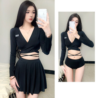 Bikini váy dài tay màu đen dây buộc eo được 3 kiểu tôn dáng, đồ bơi kín đáo màu đen 4 món đi biển đi bơi