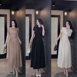 Đầm body tay ngắn dáng xoè nhún eo đính hoa - thun gân mềm DH663