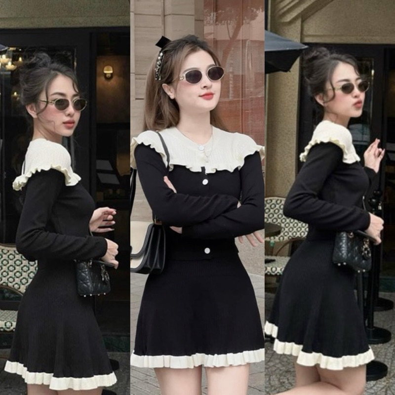 SET Áo Tăm Tay Dài Phối Bèo Croptop + VÁY Tăm Gân TĂM Viền BÈO ĐEN PHA KEM