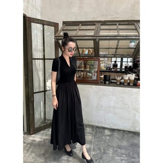 Váy dáng dài xòe cổ V basic , váy đen cổ chữ V dài