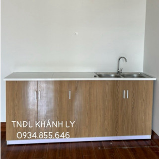 Tủ bếp nhựa vân gỗ 203x80 có bồn đôi+vòi+bộ xả+mặt bếp dán gạch đá freeship HCM,Có lắp đặt
