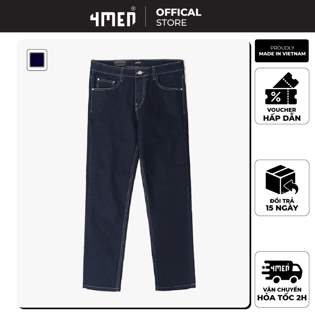Quần jeans nam xanh đen trơn basic 4MEN QJ063 chất vải dày dặn, bền đẹp, co giãn, form Slimfit tôn dáng, trẻ trung