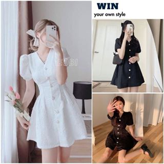 Đầm tiểu thư cúc ngọc cổ chữ V cộc tay bồng khoét eo sau dáng xoè ngắn chất gấm xốp - Váy thời trang nữ tính - WIN V09