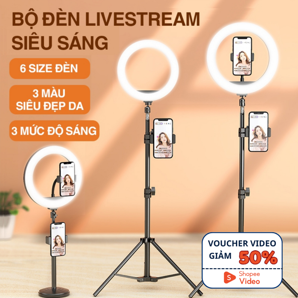 Đèn livestream bán hàng SIÊU SÁNG chuyên nghiệp, combo bộ cây livestream để bàn có đèn kèm chân 2m1, giá đỡ, kẹp đt