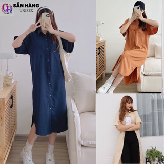 Đầm Sơ Mi Túi  Ngực Chất Đũi Xước Nhật 40-70kg Bốn Màu kem, Xanh Đen, Nâu, Xanh Ngọc, Váy Bầu Dáng Suông - CHP
