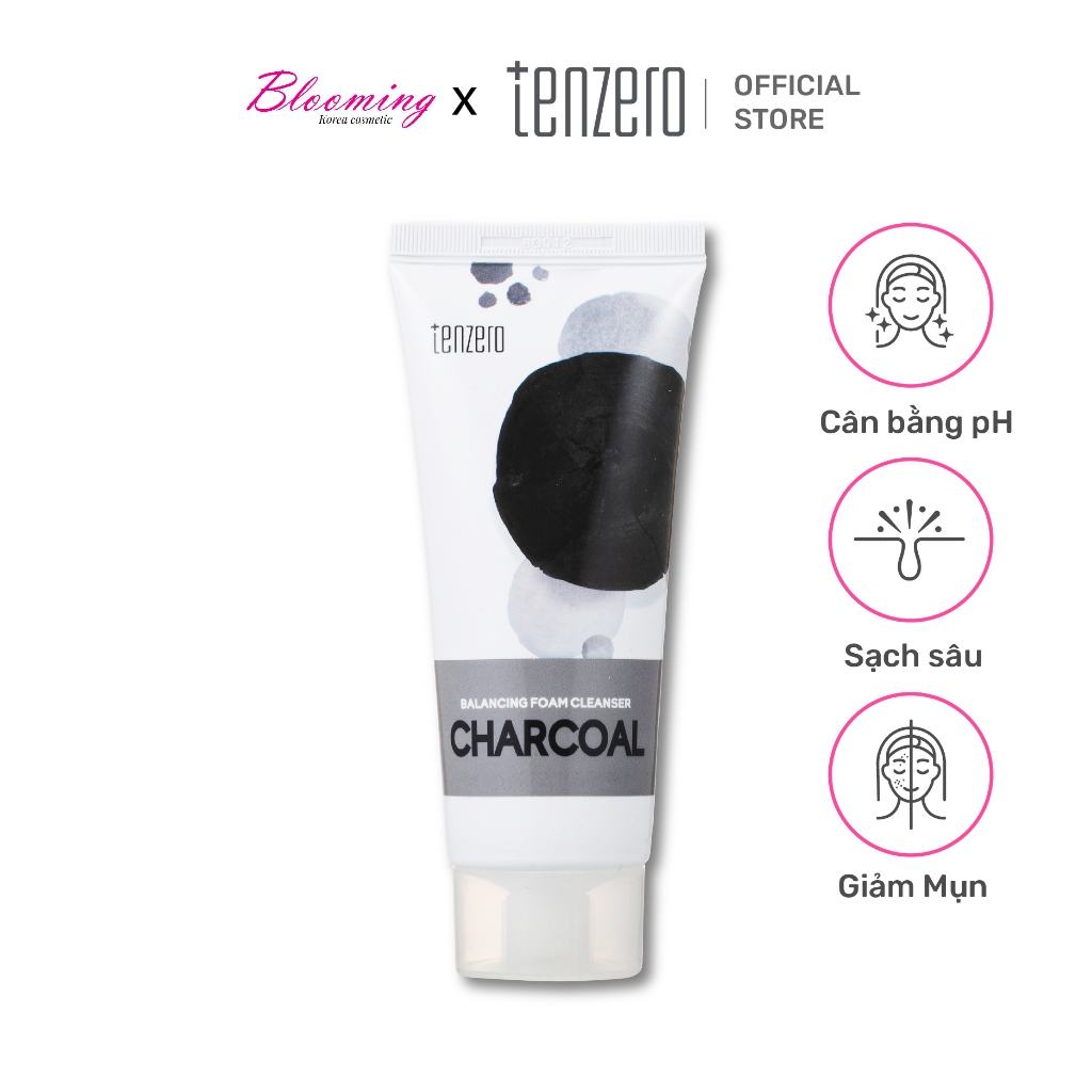 Sữa rửa mặt chiết xuất Than Tre cung cấp độ ẩm hấp thụ bã nhờn, Tenzero Balancing Foam Cleanser Charcoal 100ml