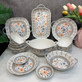 bộ đồ ăn gốm sứ cao cấp hoạ tiết hoa hồng ghi
