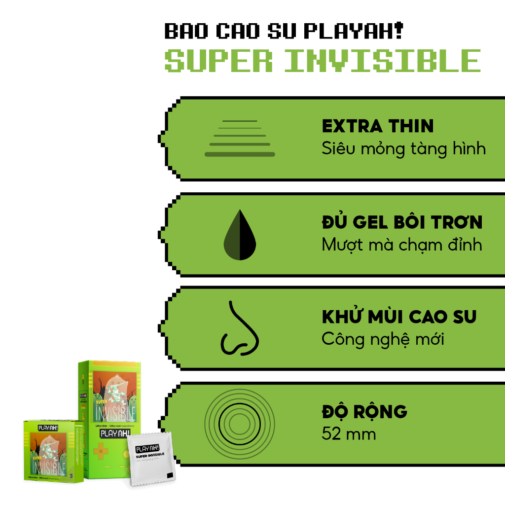 Bao Cao Su PlayAh Super Invisible Siêu Mỏng/ Nhiều Gel/ Kéo Dài Thời Gian/ Có Gai Hộp 10 size 52mm