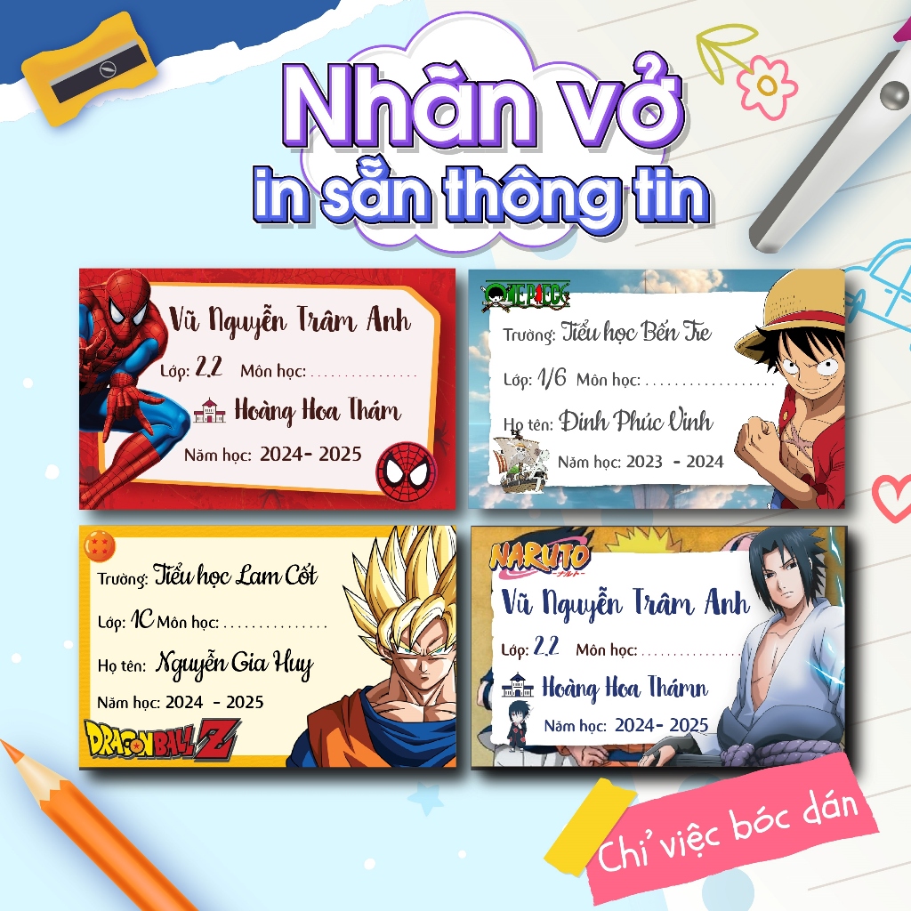 Nhãn vở in thông tin theo yêu cầu 👉 10 chủ đề hoạt hình Naruto, Dragon Ball, Onc Piece, Spider man, Doreamon, Kuromi ..