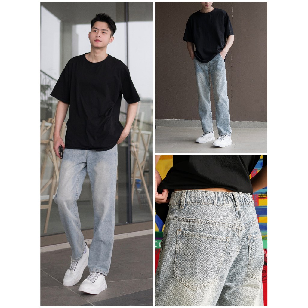 Quần jean nam ống suông rách gối dáng baggy màu xanh trắng nhạt mài xước đùi đẹp 050 Pon.mens