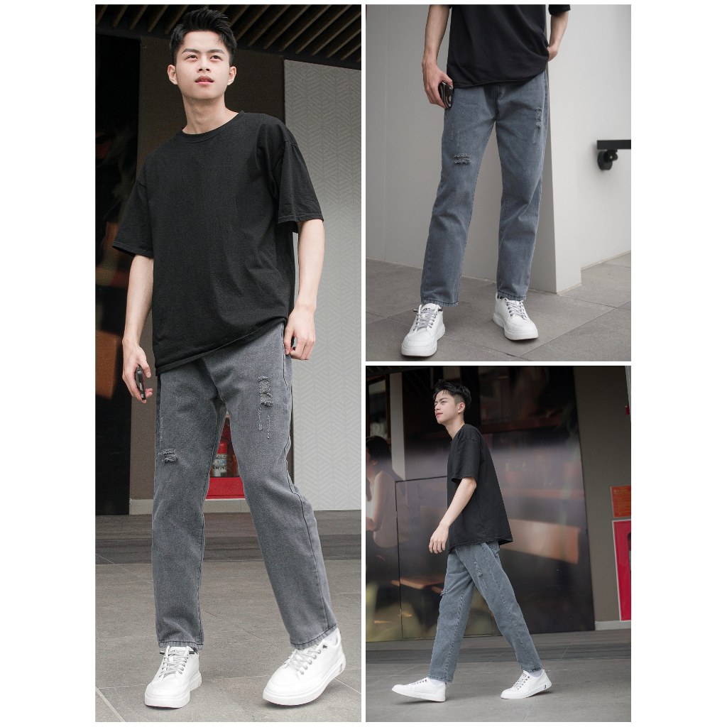 Quần jean nam ống suông rách gối dáng baggy màu xanh trắng nhạt mài xước đùi đẹp 050 Pon.mens