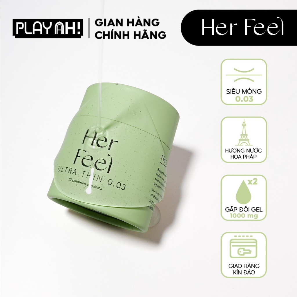 Bao cao su PlayAh Her Feel Ultra Thin 0.03mm Hộp 3/10 Size 52mm Siêu Mỏng Nhiều Gel Cao Cấp