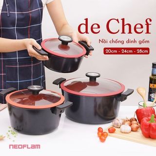 Hàng chính hãng: Nồi chảo Neoflam De Chef Hàn Quốc. Lòng nồi màu đỏ son phong thủy, siêu chống dính