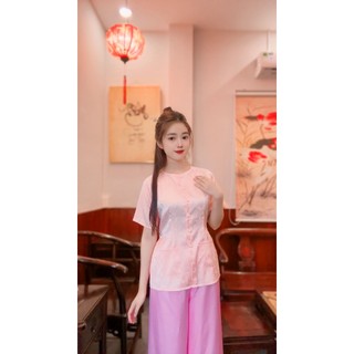  B.A86 - Bộ Bà Ba Gấm Hoa Có Túi Tay Ngắn Cài Nút Cổ Tròn - Hân Nguyễn Áo Bà Ba 
