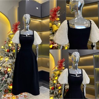 Váy Thiết Kế Evii A88 dành cho nữ Đầm thiết kế tay bồng cổ vuông dáng A dài ( tặng kèm tag đá )phù hợp đi chơi