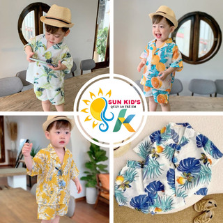 Đồ bộ bé trai - Set đồ cho bé trai đi du lịch - Áo sơmi đi biển đi chơi + quần đùi hoa - bộ đũi hoa lá size 8-20 kg