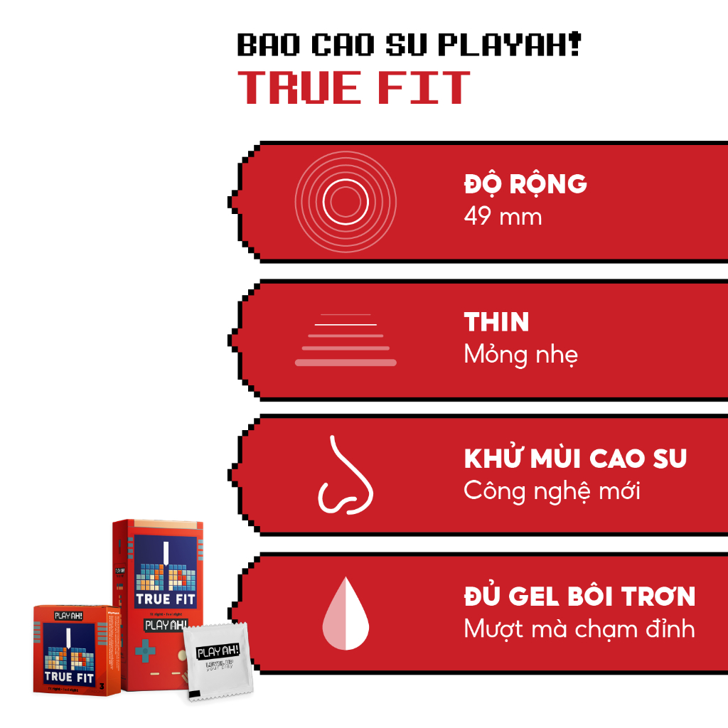 Bao Cao Su PlayAh True Fit Ôm Sát Hộp 10 size 49mm size nhỏ, chống tuột bao