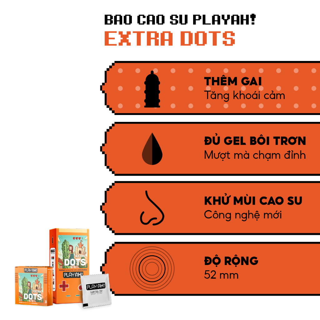 Bao Cao Su PlayAh Extra Dots Thêm Gai Hộp 10 52mm nhiều gai, nhiều gel tăng cực khoái